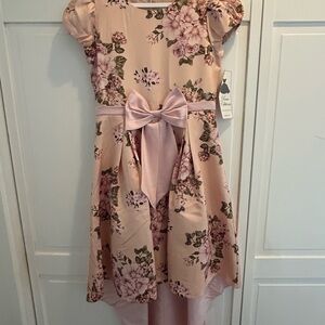 Girls' Blush Pink Floral Bow High-Low Dress
